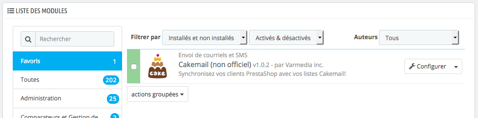 Liste des modules - Bouton Configurer