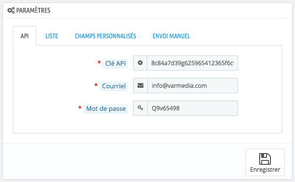 Paramêtres - Onglet API
